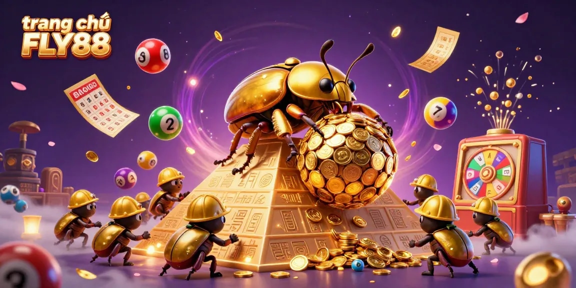 Engage in the excitement at trang chủ FLY88 with a vibrant 3D cartoon scene of a beetle and lottery elements.