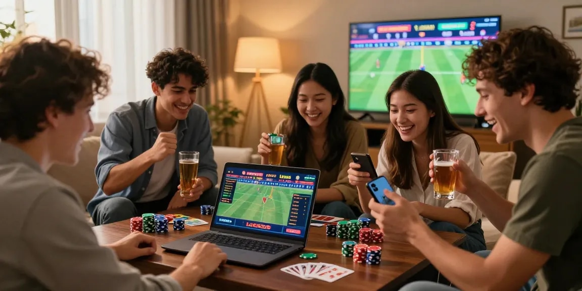 LUCK8 online gambling enthusiasts enjoying live betting in a cozy living room