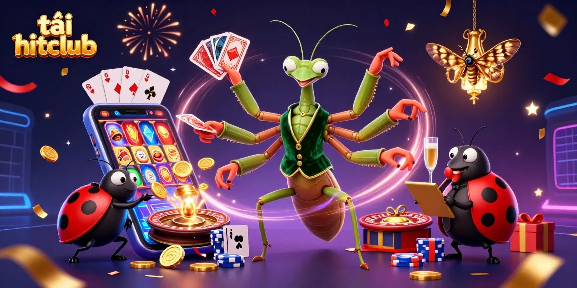 Tải hitclub with a giant praying mantis card sharp pouring champagne and vibrant casino elements in a festive atmosphere.