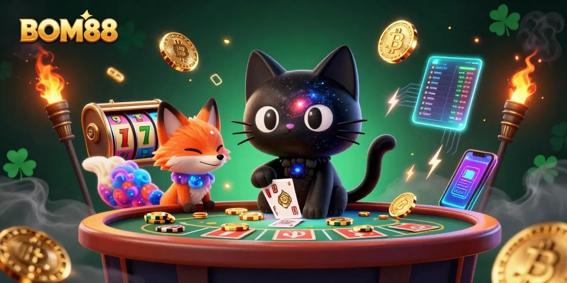 BOM88 showcases a vibrant 3D casino scene with a black hole cat pulling in chips and cards, amidst colorful gaming elements.