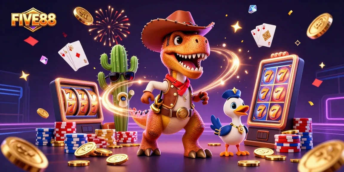 Engage with FIVE88’s lively slot machine party featuring a dinosaur, cactus, and a roadrunner!
