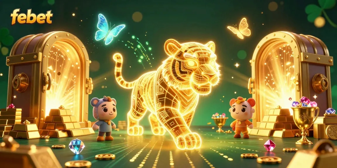 Engage with febet's vibrant casino adventure featuring a golden tiger and holographic butterflies surrounded by treasure.