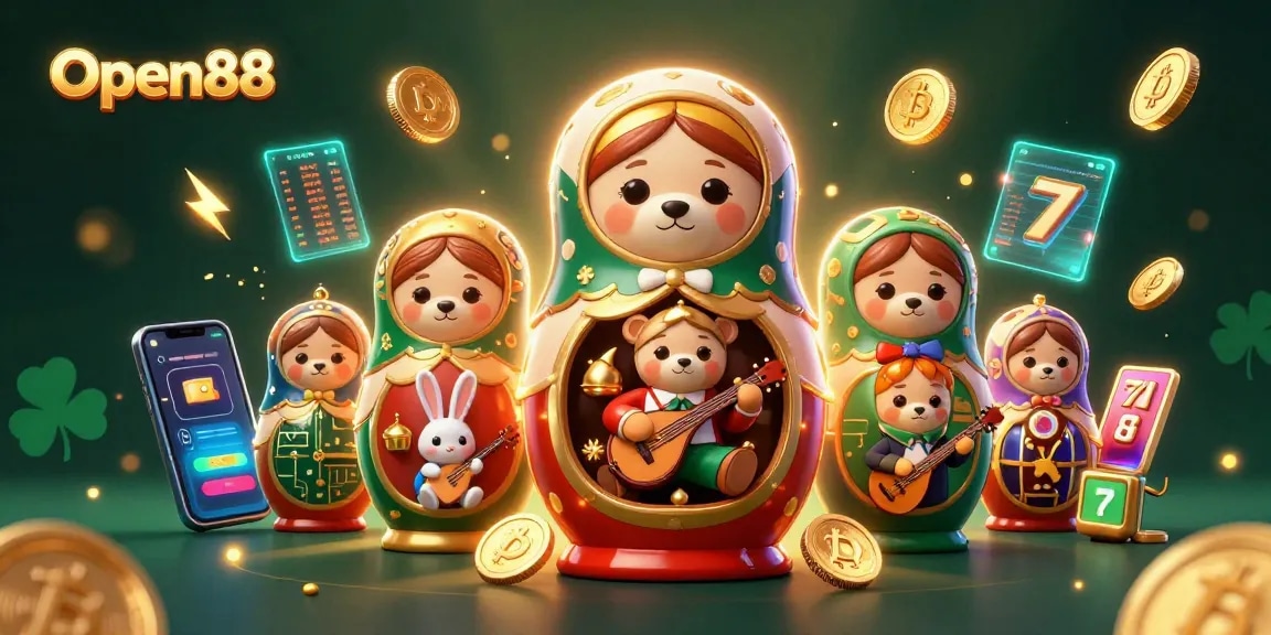 Open88 showcases a vibrant 3D casino scene with cute characters, slot reels, and cryptocurrency elements.