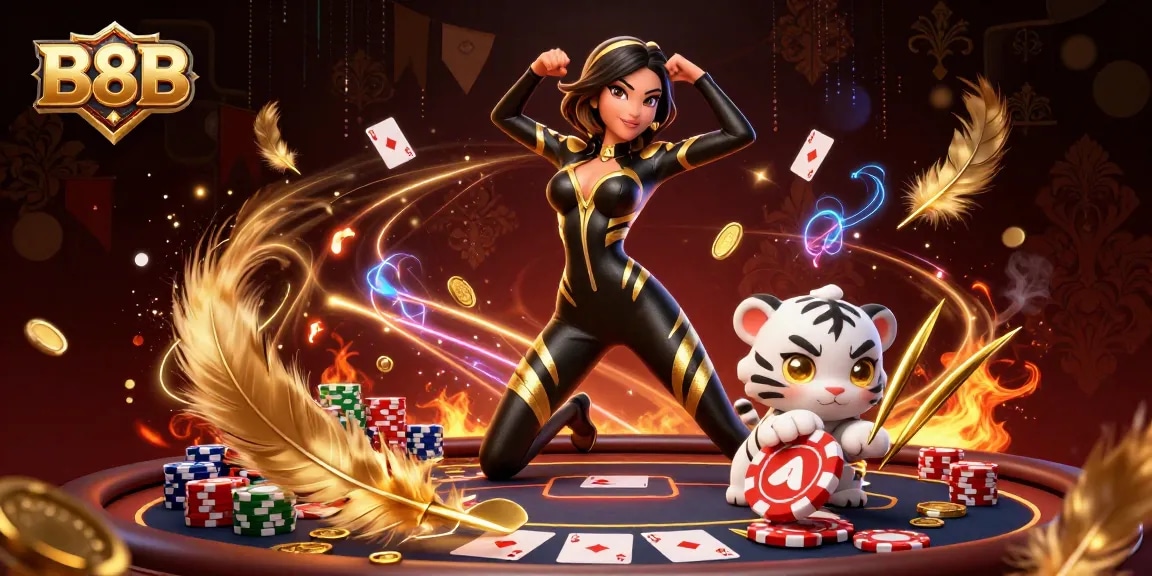 Engage with B8B's thrilling poker chips and gameplay elements in a vibrant 3D illustration.