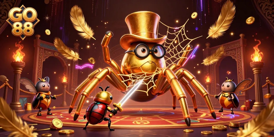 Experience thrilling GO 88 action with a golden tarantula and beetle knight in this dynamic casino illustration.