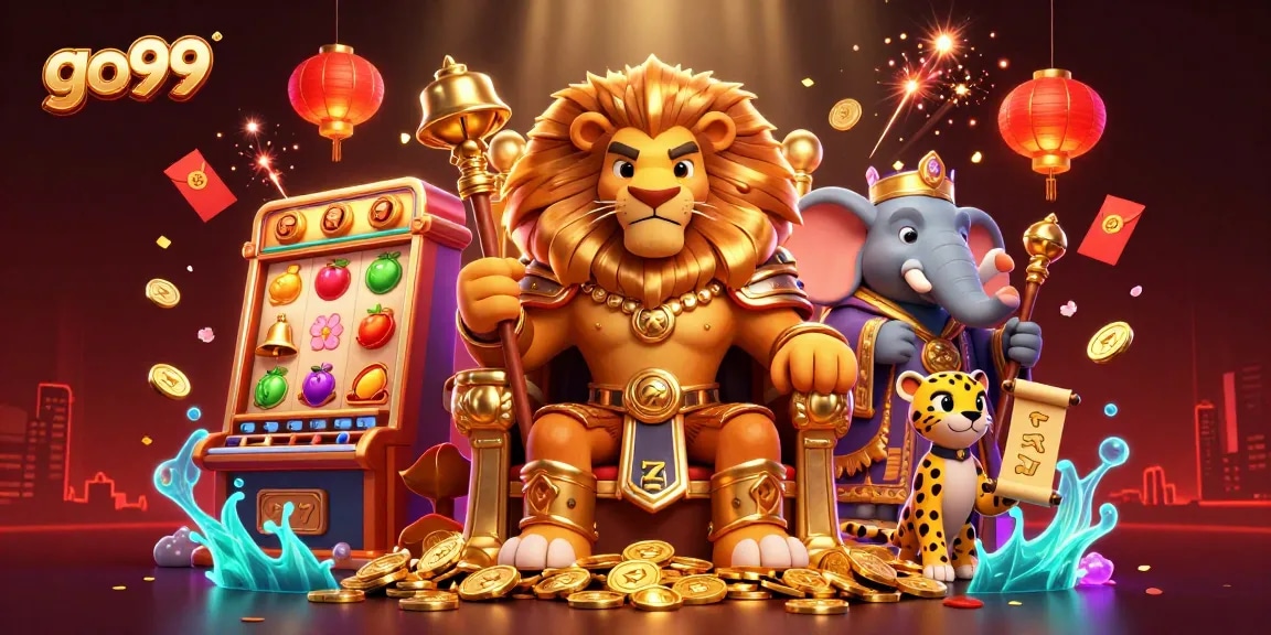 Experience excitement with go99's vibrant slot machines alongside animated cartoon characters.