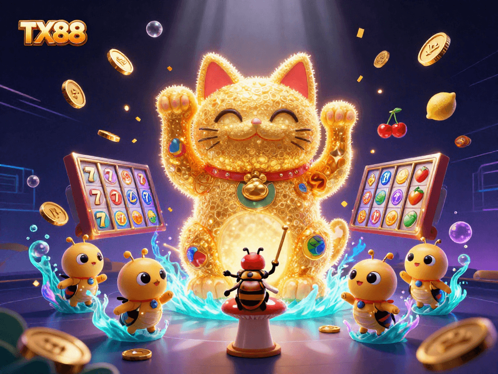 Engage in vibrant slot action with TX88's lucky cat and colorful symbols in a lively casino scene.