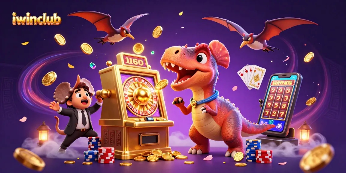 iwinclub reveals a vibrant casino scene with cartoon dinosaurs engaging in jackpot excitement