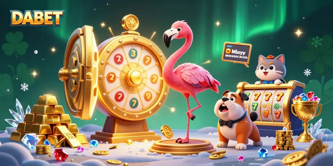 DABET elevates the excitement with a dazzling 3D illustration of gambling fun featuring a game show host, bulldog contestant, and cat assistant