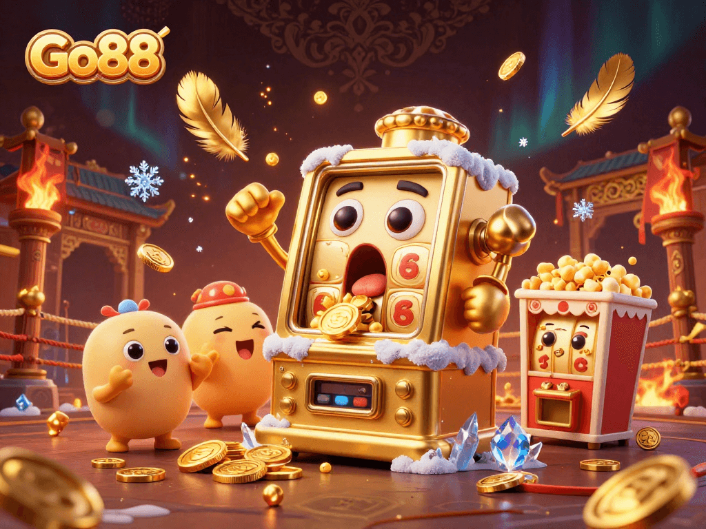 Go88 casino slot machine wins with gold coins spilling and cheering characters.