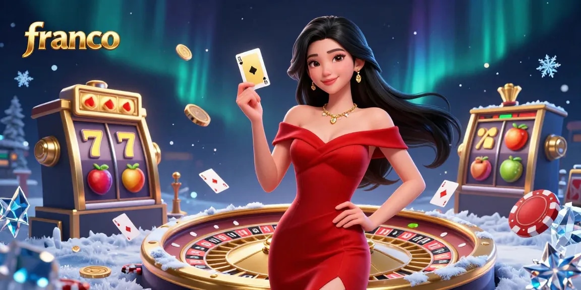 Engage with franco's vibrant casino scene featuring a glamorous dealer and dynamic game elements.