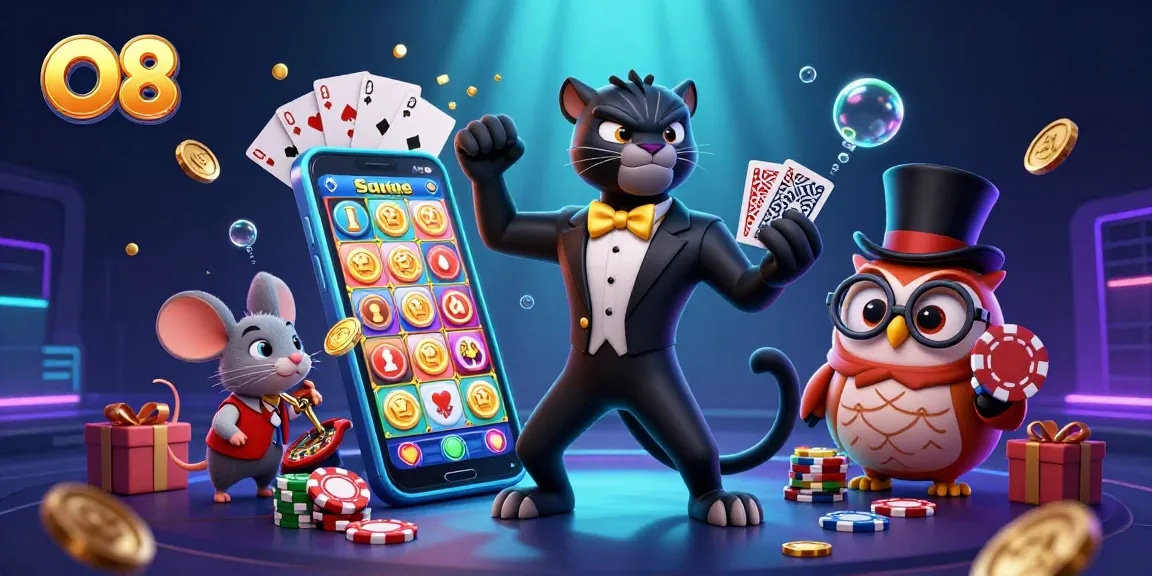 O8 hosts a colorful casino scene with a stylish panther dealing cards, engaging gamers with vibrant slot action.