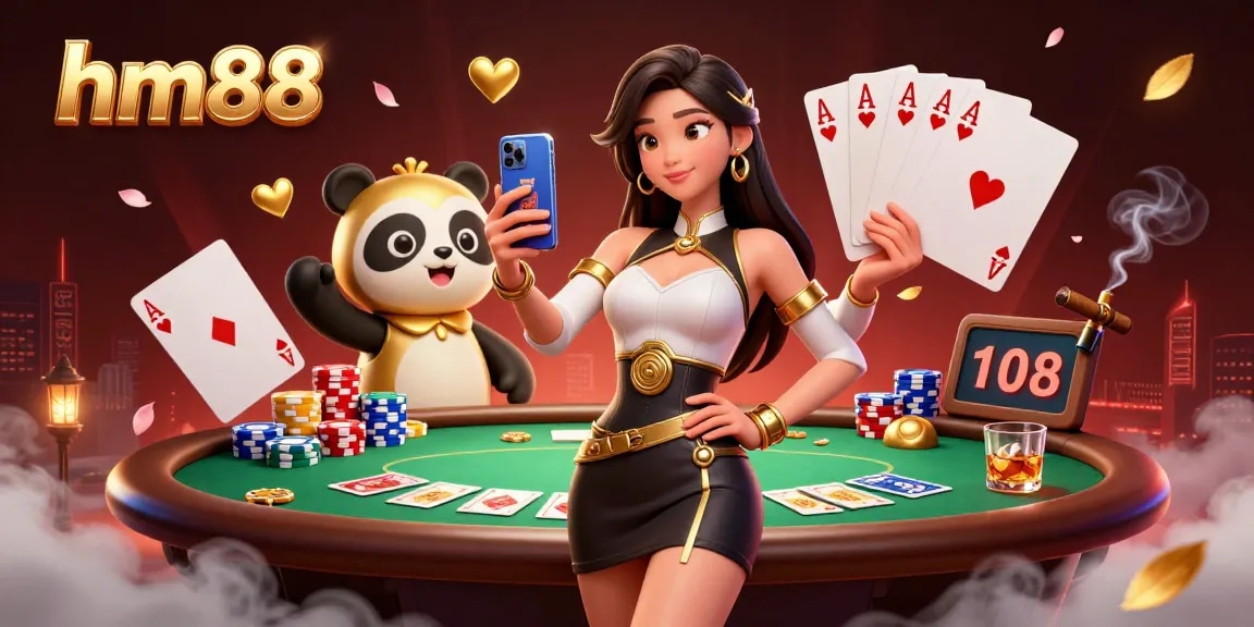 Experience dynamic poker action with hm88 and an elegant Asian woman showcasing a casino game.