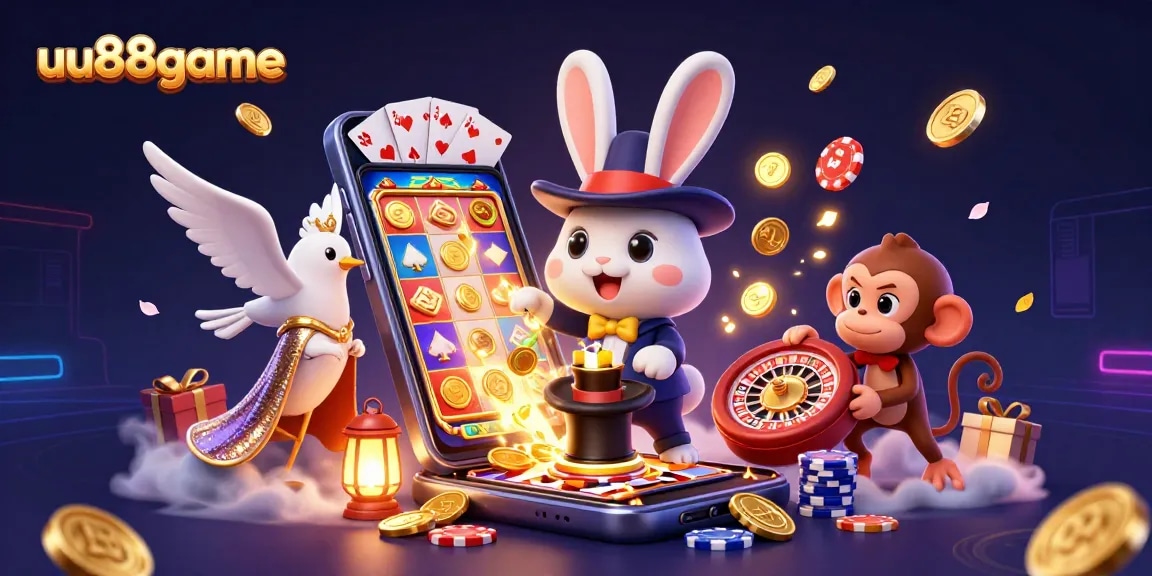 Experience the magic of uu88game with a playful scene featuring casino characters and elements.
