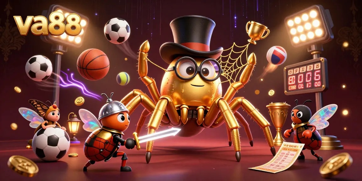 va88 offers an engaging experience with a golden tarantula and a beetle knight amid dynamic sports betting action.