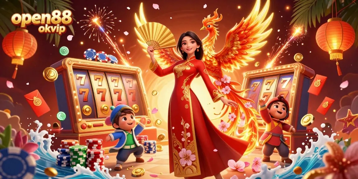 Experience exciting gameplay with open88 okvip in a vibrant 3D casino scene filled with lively symbols and rich elements.