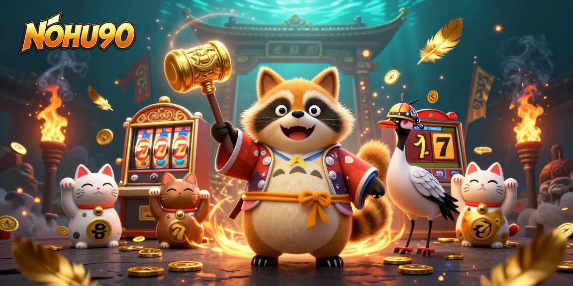 NoHU90 showcases a cheerful tanuki and crane in a vibrant online casino scene, enhancing the gaming experience.