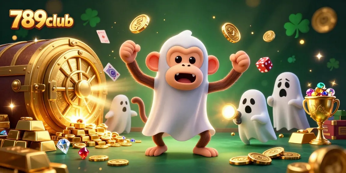 Engage with 789club's thrilling gaming scene featuring a poltergeist monkey and ghost-hunter puppy.