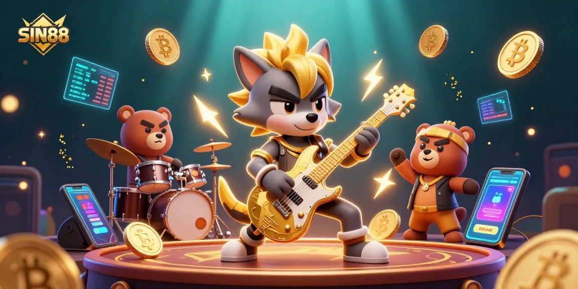 SIN88 captivates players with an electrifying casino performance featuring a rock star wolf and a drummer bear.