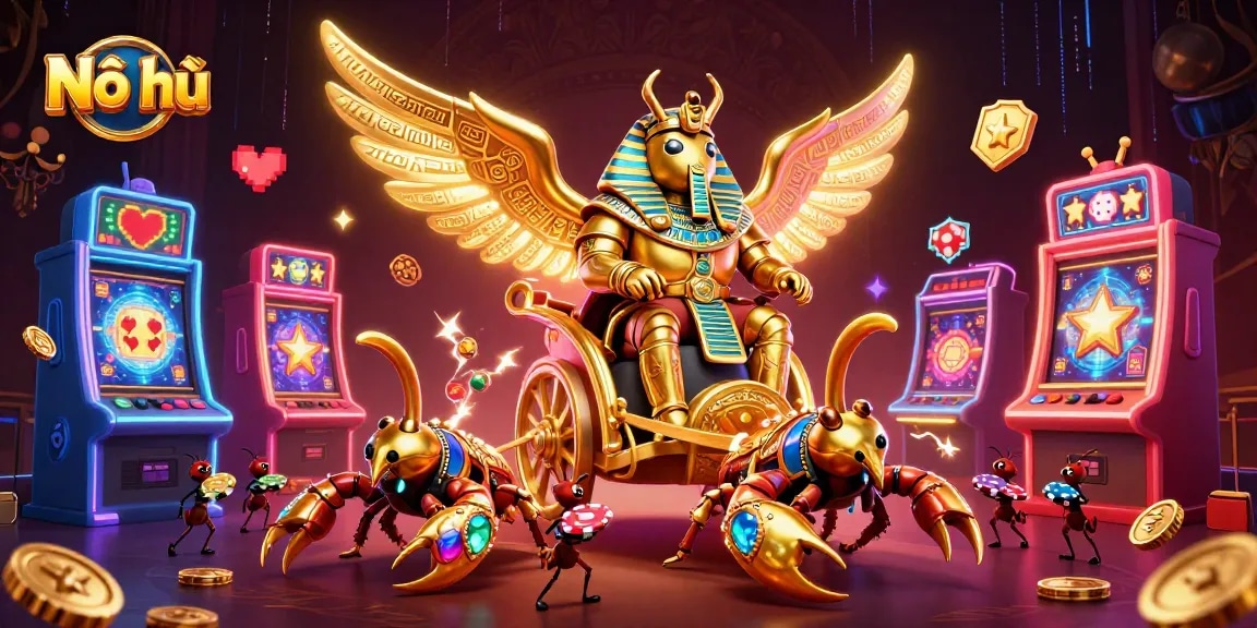 Nổ hũ offers vibrant slot experiences with golden scorpion chariots and casino excitement.