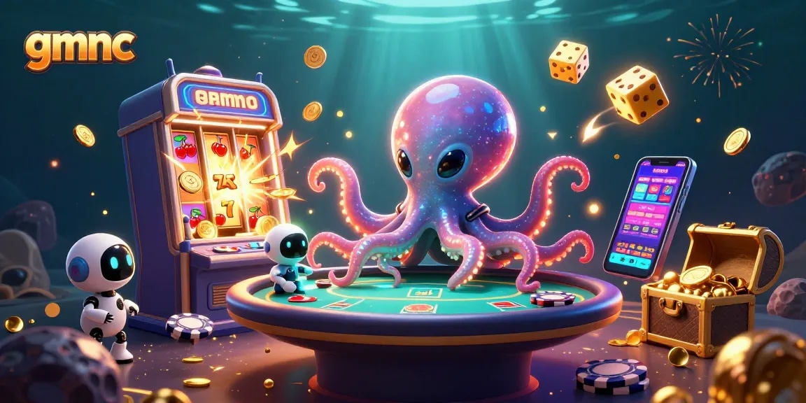 Join a vibrant game scene with gmnc in a joyful poker showdown featuring alien characters and exciting casino elements.