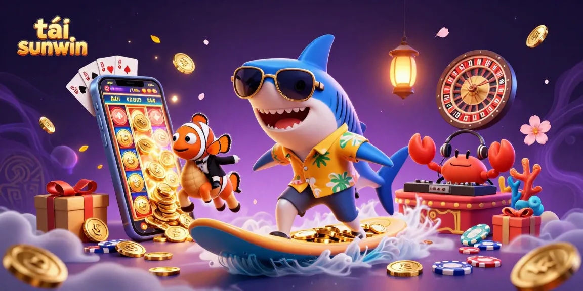 Engage in the thrilling adventure of tải sunwin with characters surfing on gold coins and vibrant gaming elements.