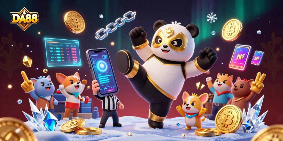 DA88 features a vibrant scene with an energetic wrestler panda, cryptocurrency elements, and animal spectators.