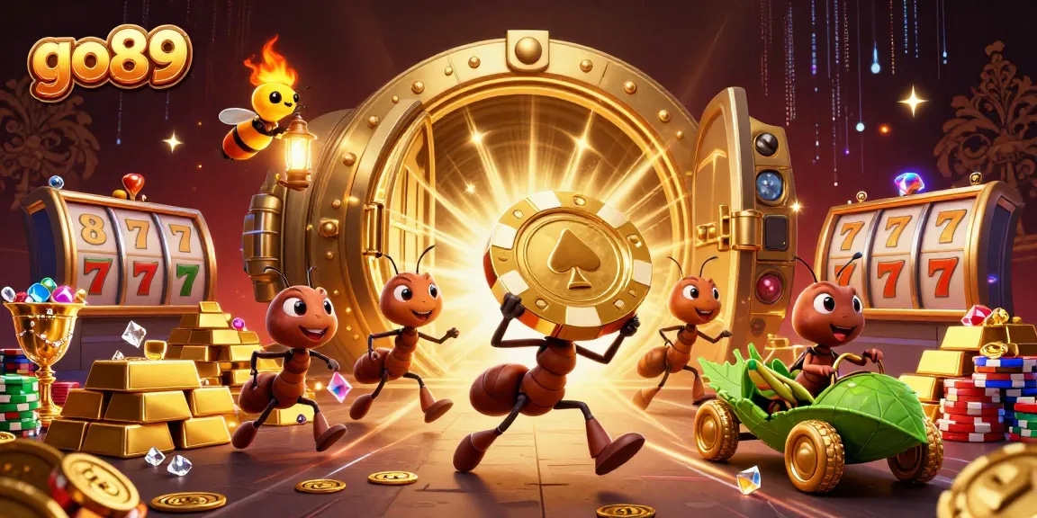 Engage in thrilling heist action at go89 with a 3D cartoon team of ants stealing a giant poker chip.