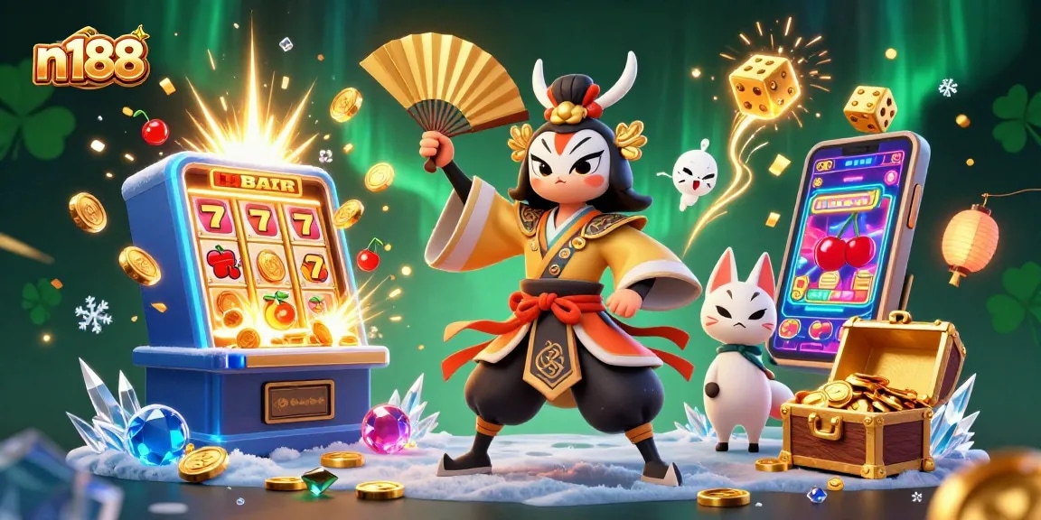 Play games and win at n188 with vibrant casino elements and festive characters.