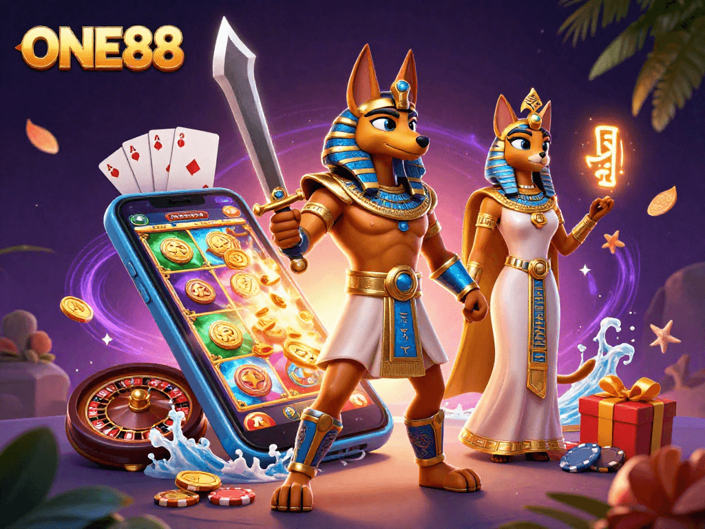 Experience thrilling gaming with ONE88 in a vibrant 3D casino scene featuring Anubis and Bastet.