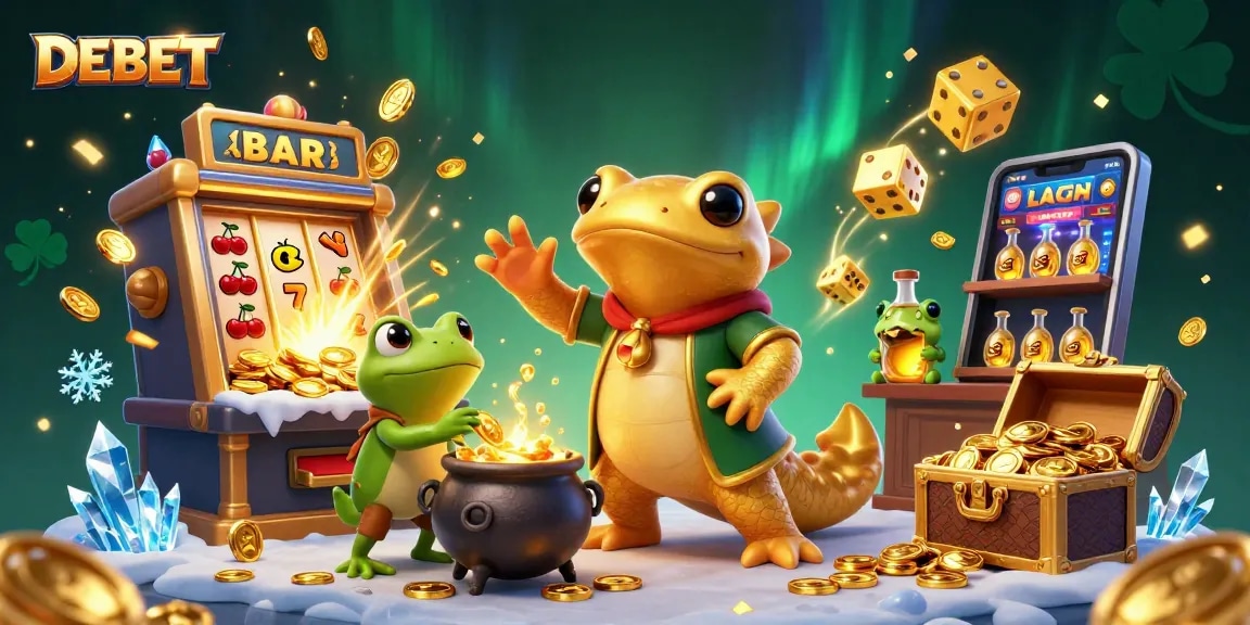 Spin the DEBET slot machine and watch golden coins explode in this vibrant casino scene.