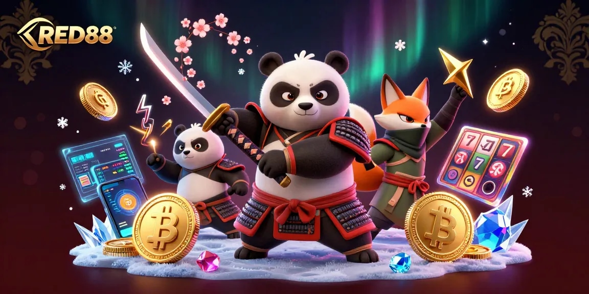 Engage in the excitement of RED88 with a vibrant scene of a samurai panda and ninja fox amidst casino elements.