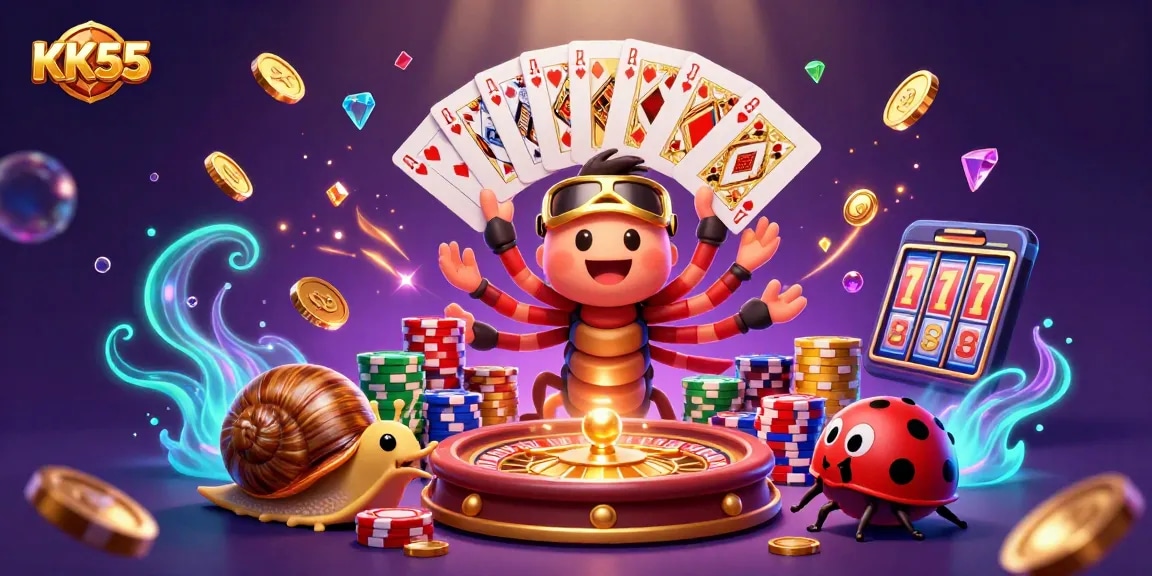 Experience KK55 excitement with a lively 3D casino scene featuring a unique millipede dealer and exhilarating game elements.