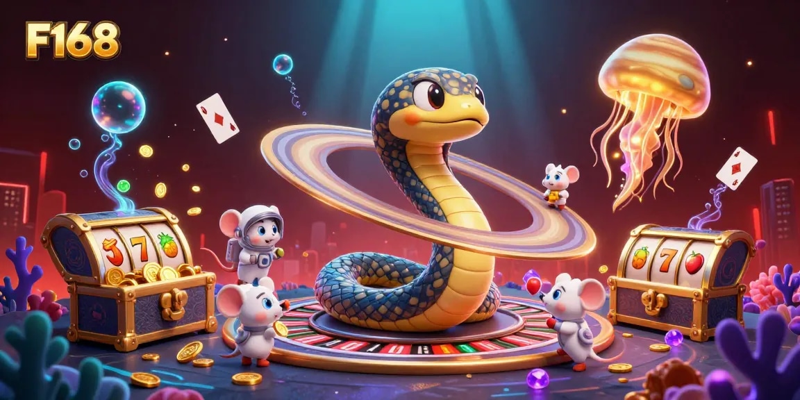 F168 engages players with vibrant slot action, featuring 3D cartoon characters and dynamic gambling elements.