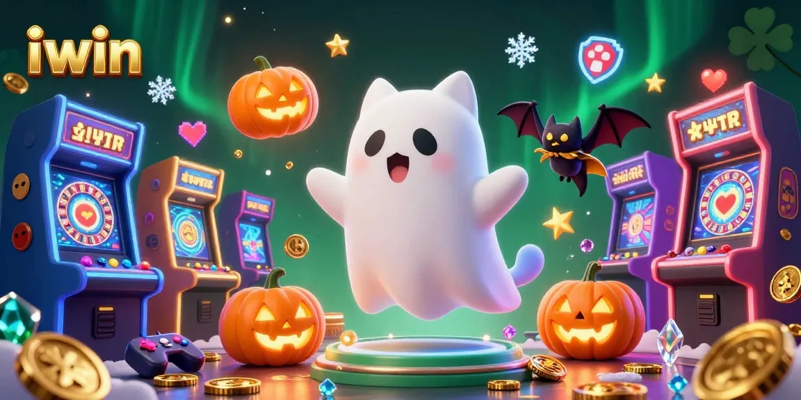 Play thrilling games with iwin's vibrant casino characters, featuring a ghost cat, vampire bat, and glowing pumpkins.