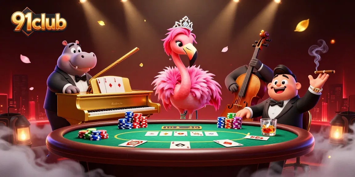Experience vibrant casino action at 91club with a jazzy flamingo and hippo in a lively scene.
