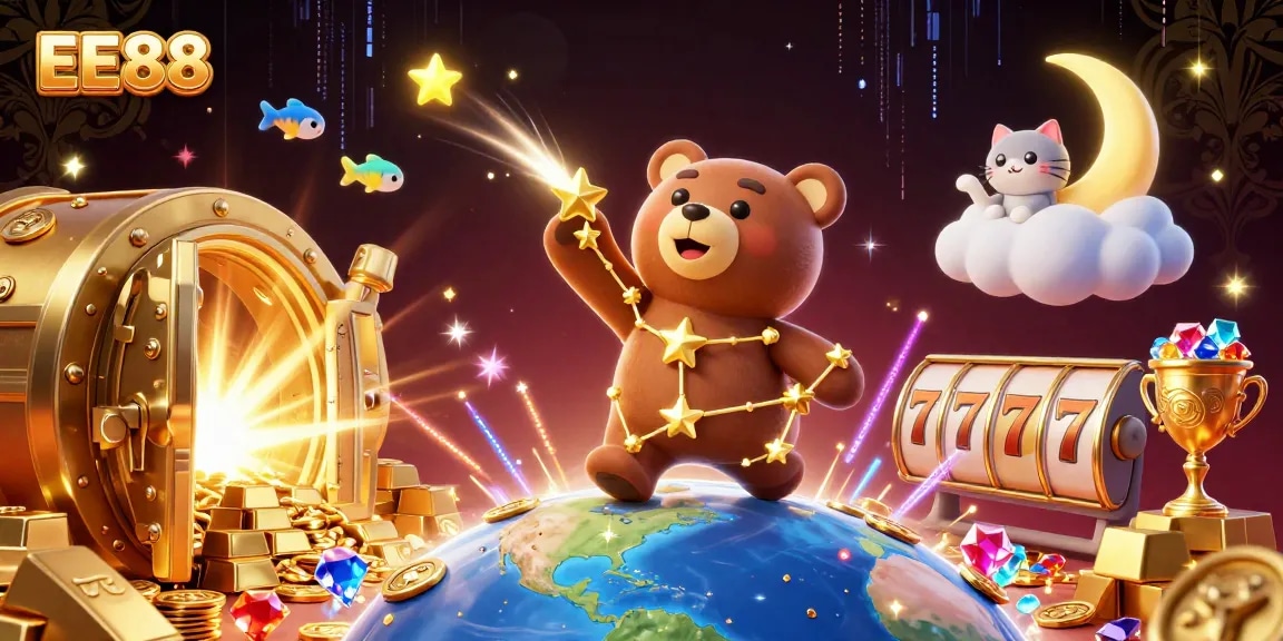 Experience the thrill of EE88 gaming with vibrant elements like slot reels, treasures, and animated characters.