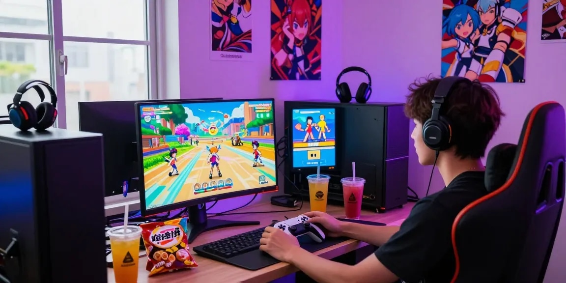 Engaging gamer playing hentaigames in a vibrant gaming lounge with colorful lights.