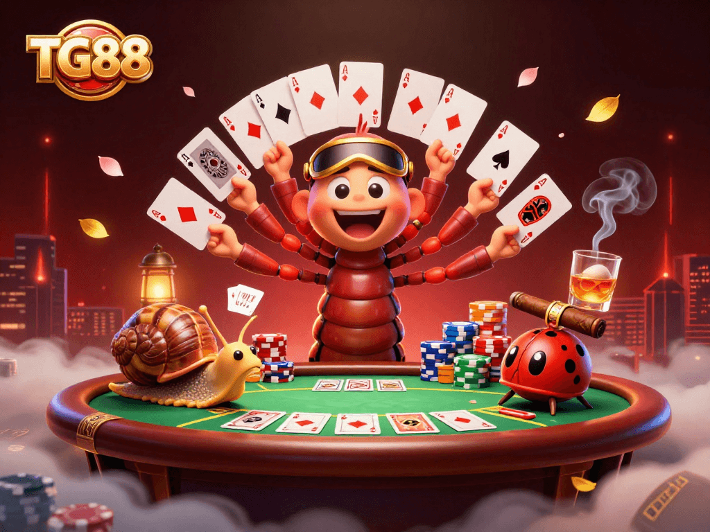 Experience thrilling gaming action at TG88 with a vibrant casino scene showcasing card-dealing excitement and chip stacking.