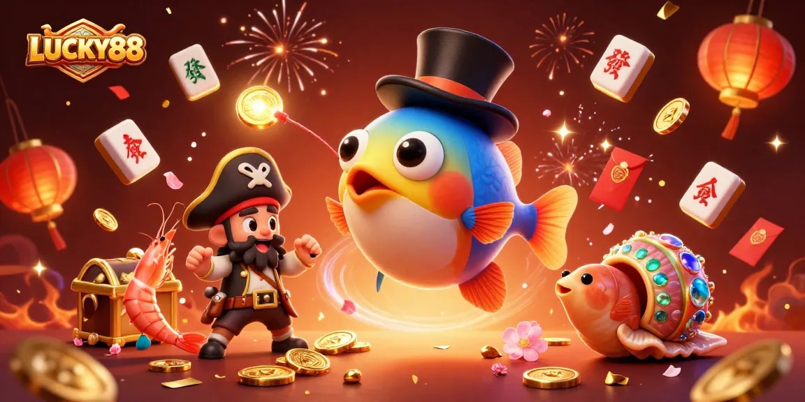Experience LUCKY88 magic with colorful casino elements featuring the playful anglerfish and friends.