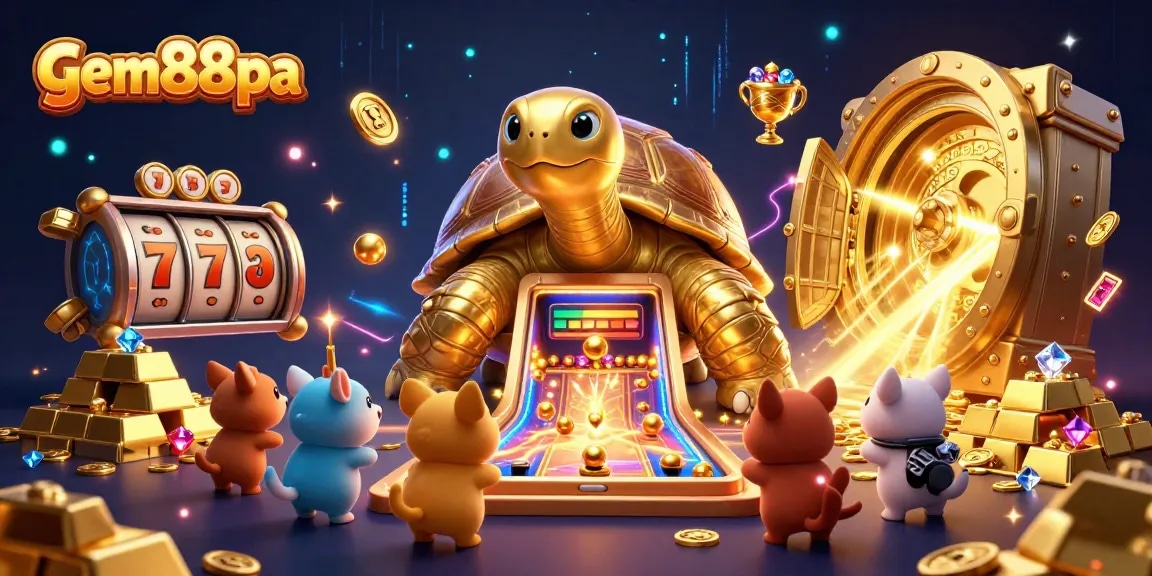 Join the excitement at gem88pa with a cartoon tortoise pinball machine amidst golden treasures and jackpot thrills!
