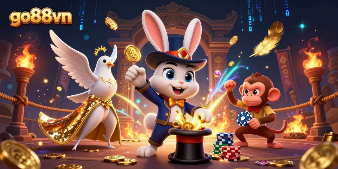 Experience dazzling wins at go88vn with a magical casino adventure featuring playful characters and casino elements.