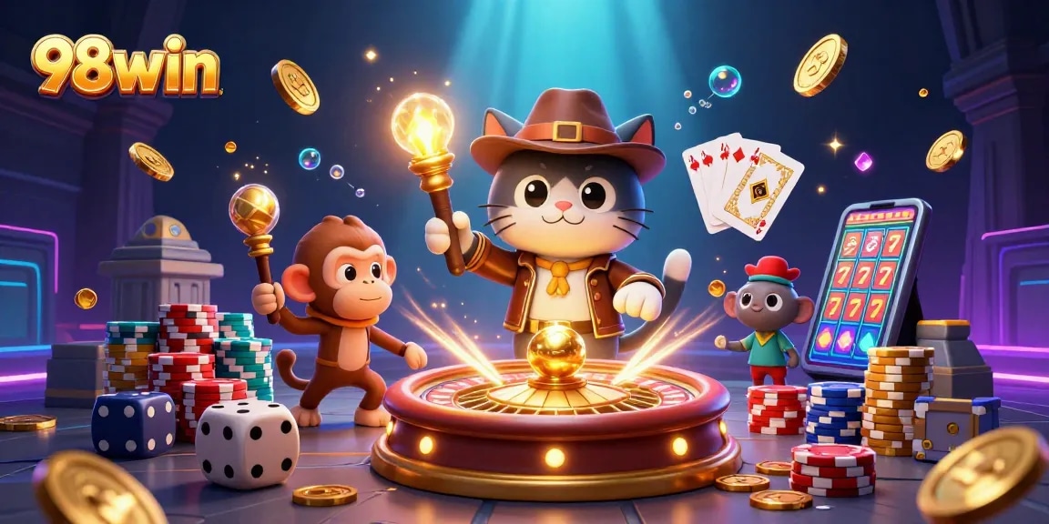 Experience the excitement of 98win with a charming cartoon cat discovering casino treasures in a vibrant 3D scene.