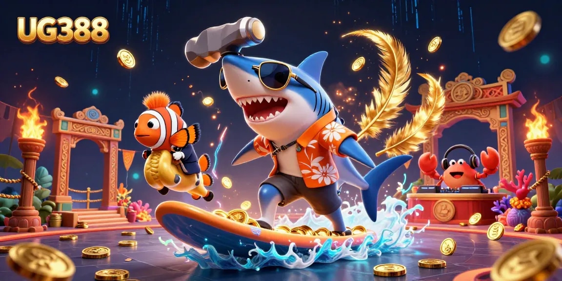 Engage in exciting gaming with UG388 featuring a lively 3D illustration of a shark surfer and circus elements.
