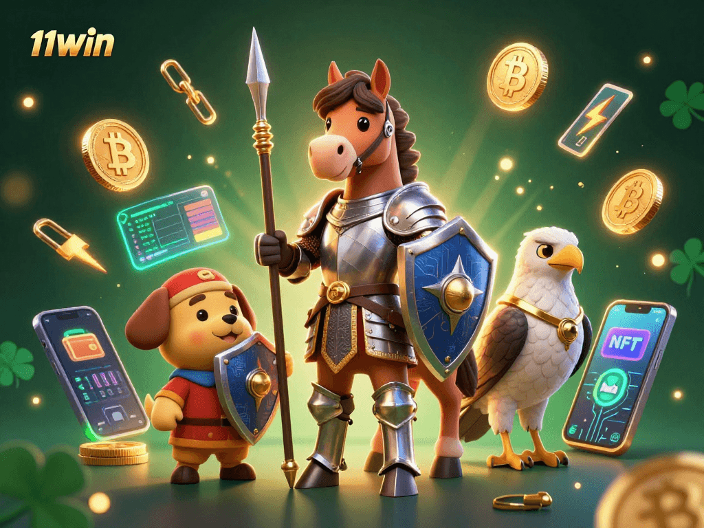 Experience the thrill of 11WIN with a medieval knight and crypto-inspired casino illustration.