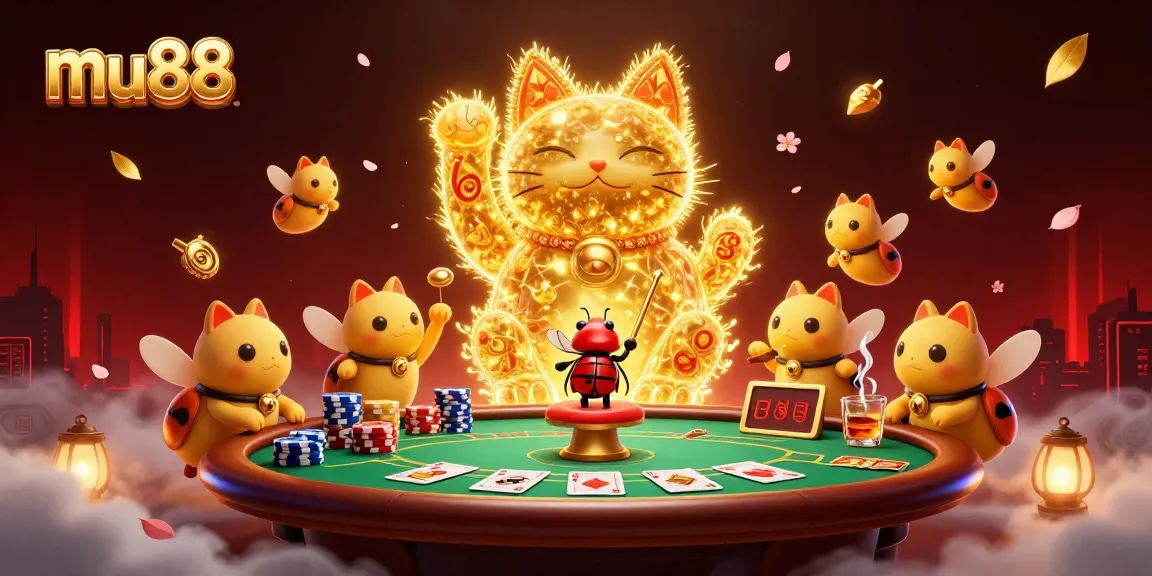 Experience exciting gaming at mu88 with a vibrant scene of a lucky cat amidst poker elements.