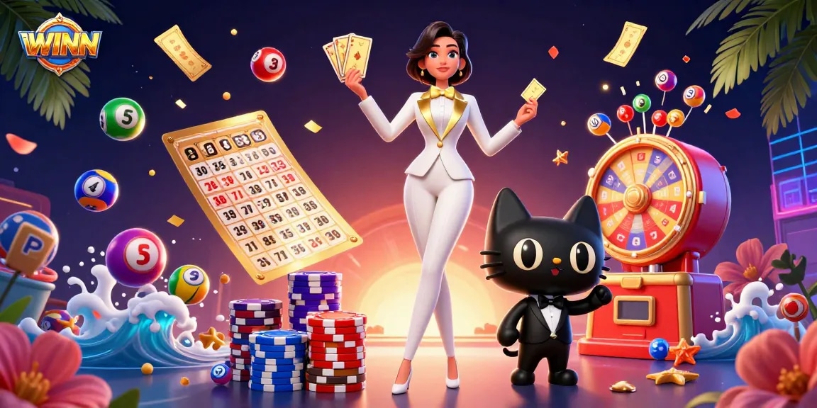 IWINN gaming scene with a woman in a tuxedo shuffling cards beside a cat, surrounded by vibrant lottery elements.