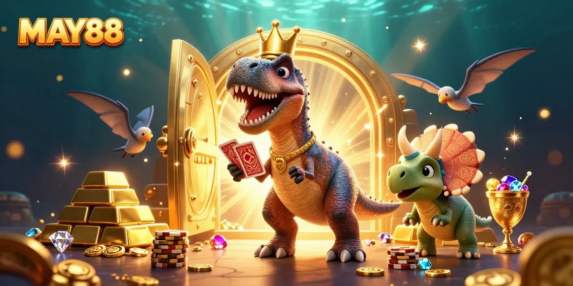 MAY88 showcases a T-Rex shuffling cards with a pterodactyl assistant and triceratops stacking chips in a vibrant casino scene.