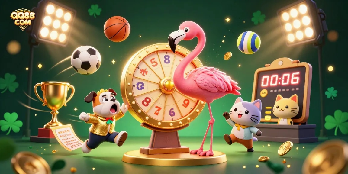 Bet on exciting casino games at QQ88 COM, featuring vibrant characters and dynamic sports elements in an engaging illustration.