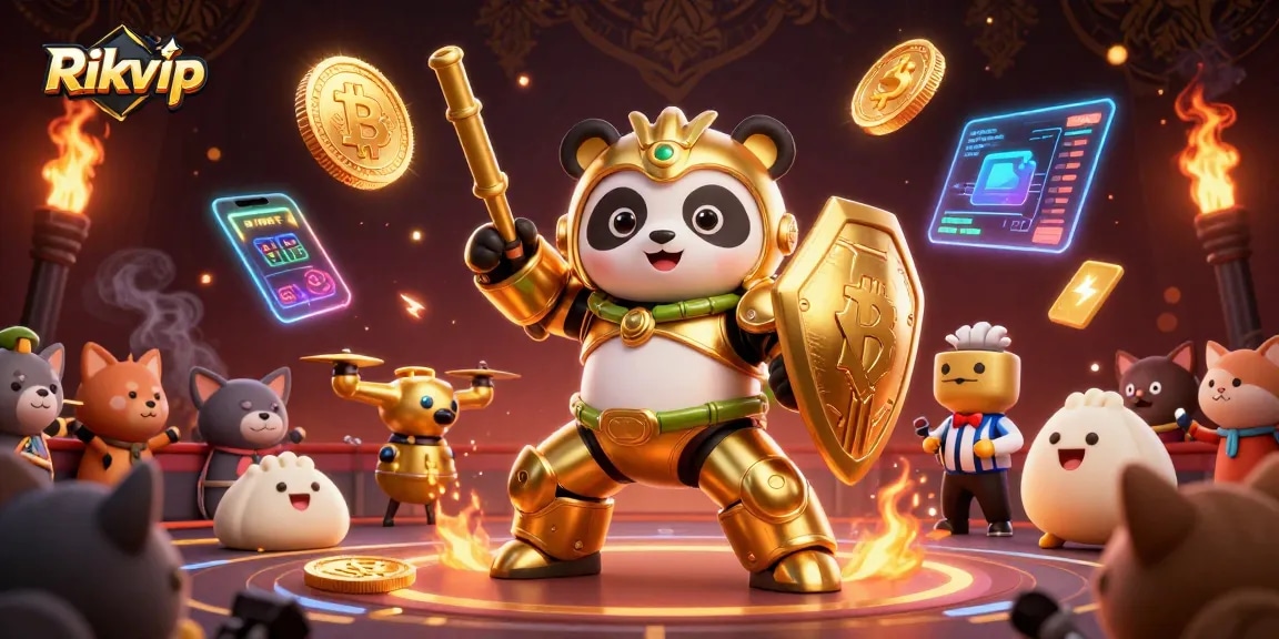 Experience Rikvip's thrilling gaming arena with a mech-suit panda, crypto coins, and vibrant action!
